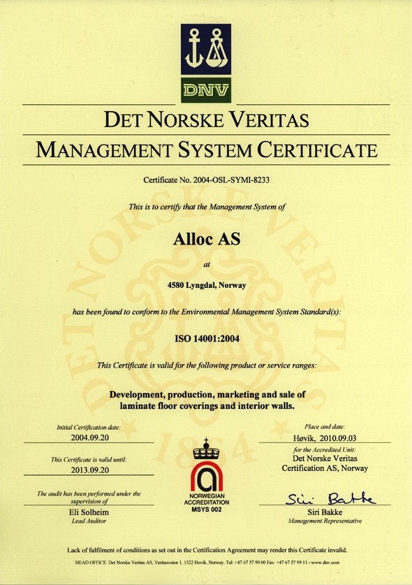 Alloc Сертификат качества ISO 14001 EN